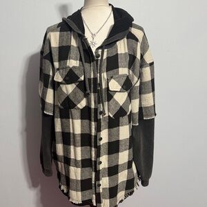 Oli & Hali Black and Cream Plaid Hooded Button-Up Shirt Jacket